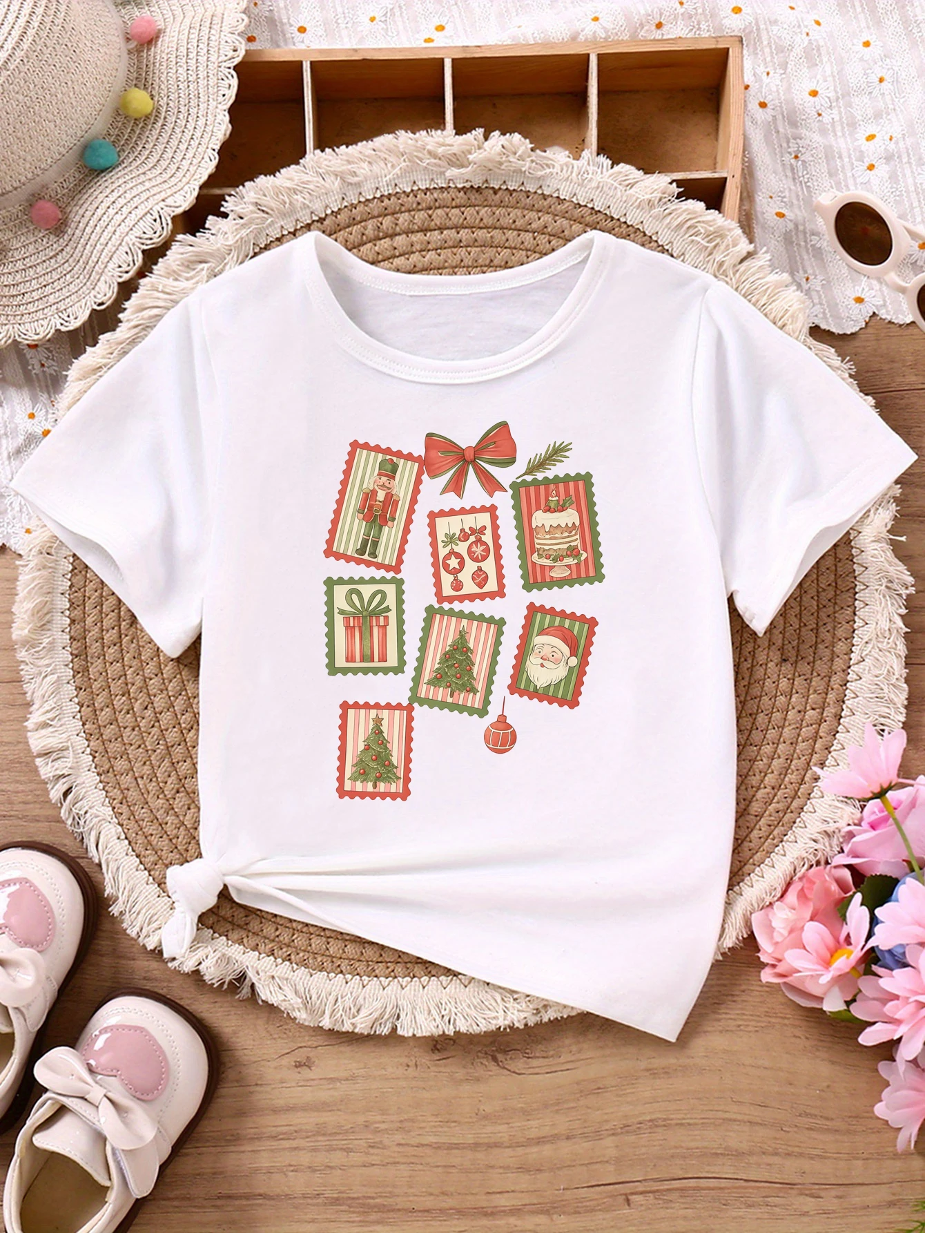 Merry & Bright Christmas Stamp Printed T Shirt Girls Christmas Gift T-Shirt Funny Kids Clothes