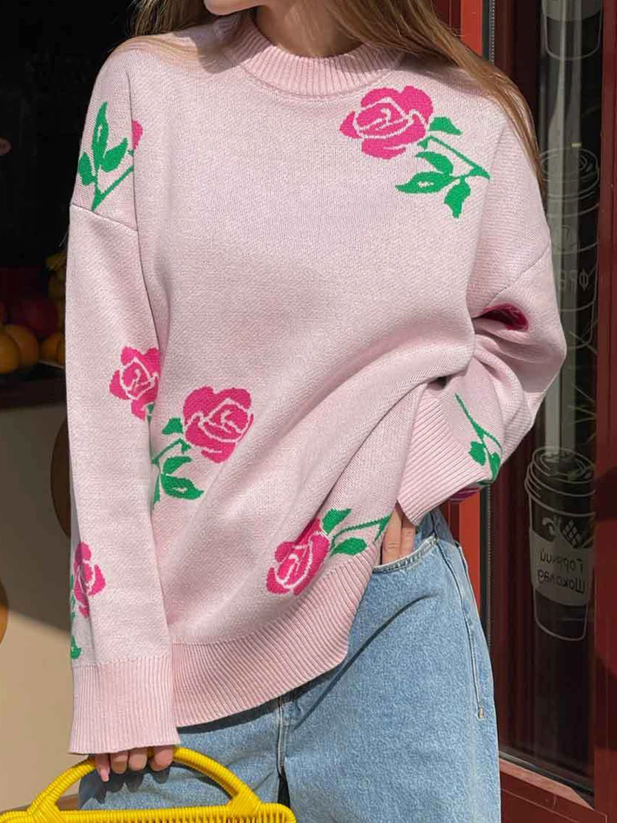 Suéter gráfico de flor de rosa feminino, manga comprida, gola O, pulôver de malha, solto, tops chiques, moda casual, outono, novo, 2022