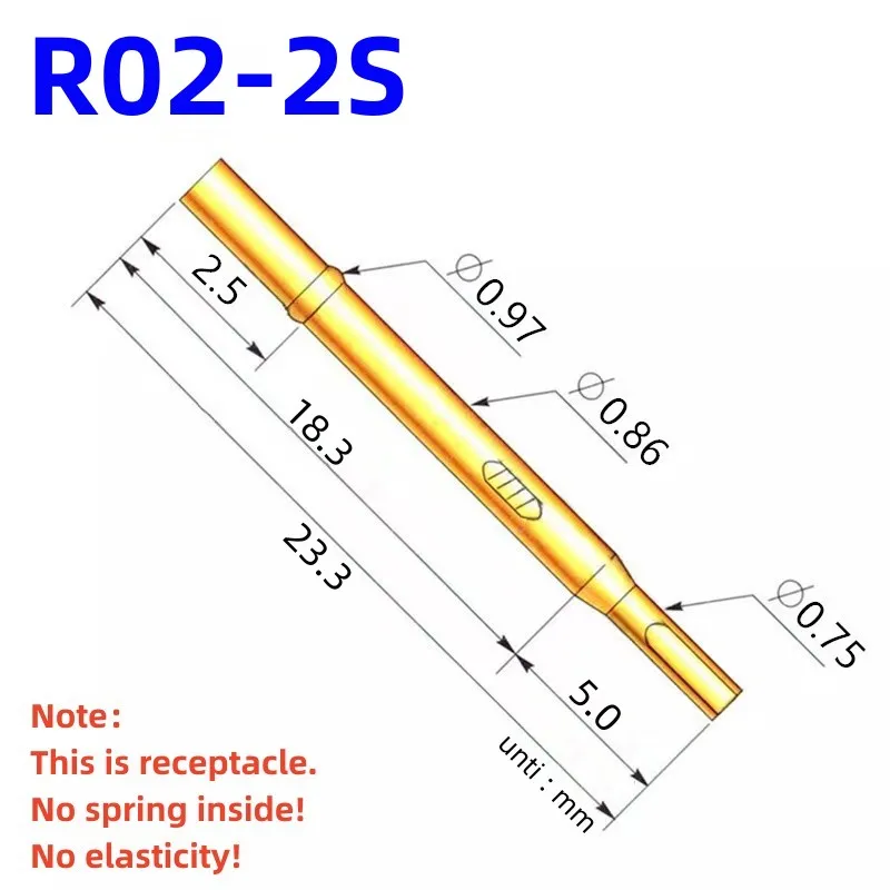 20/100PCS R02-2S Test Pin P02-B Receptacle Brass Tube Needle Sleeve Seat Solder Connect Probe Sleeve 23.3mm Outer Dia 0.86mm