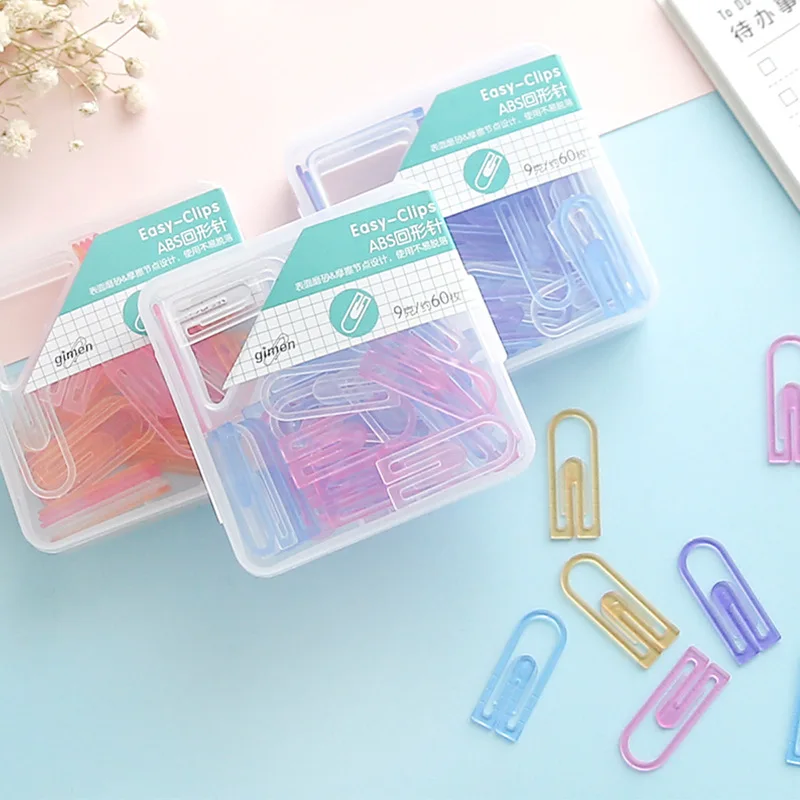 60pcs/box Colored Plastic Paper Clips Decorative paperclip bookmarker for book Stationery office supplies desk accessories