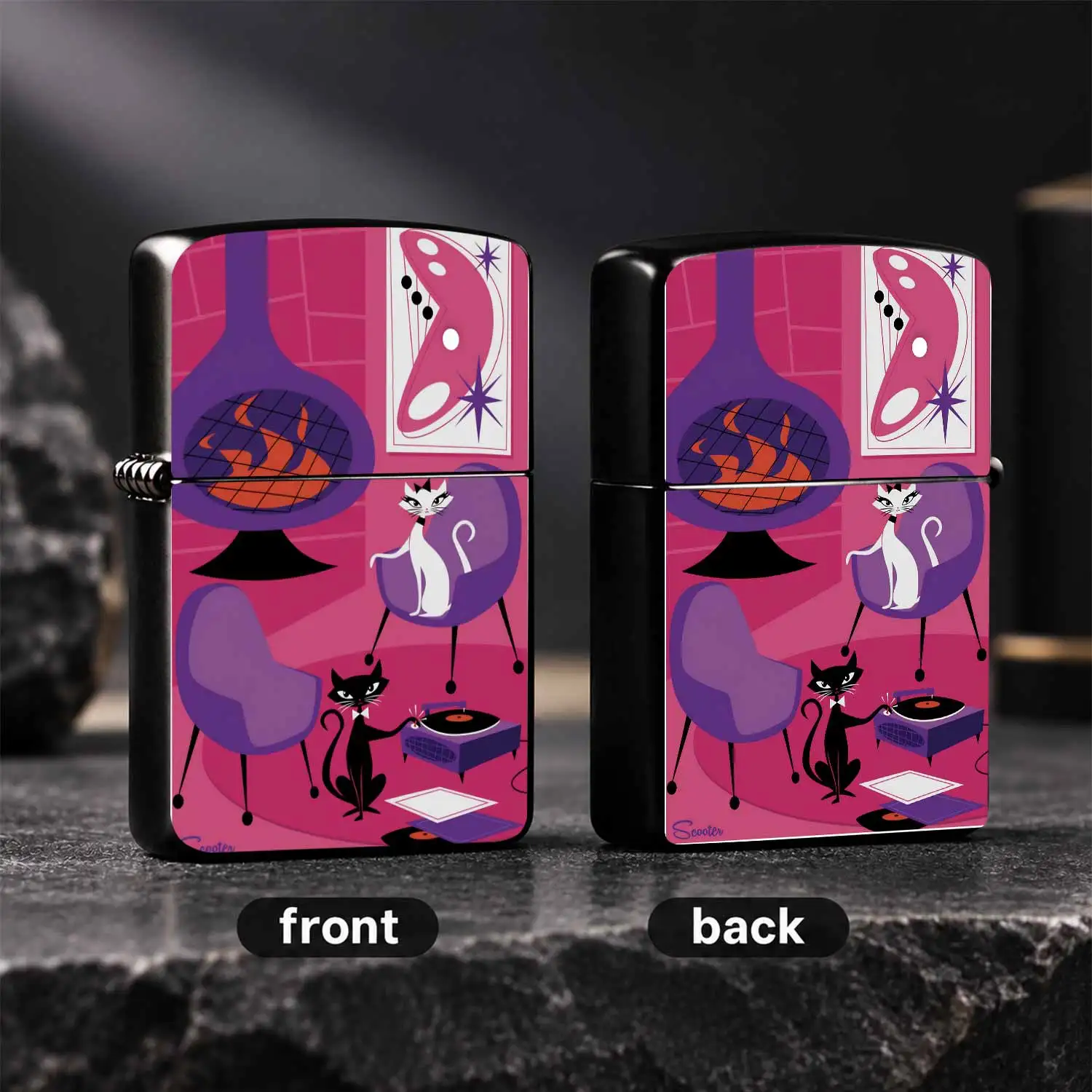 Retro Mid-Century Cat Scene Art Print Lighter, Portable Sleek Igniter For Daily Use, Gatherings, Home Vibe, Stylish Practical Unique Gift For Art Lovers, Multi-Scene Applicable Decorative Functional Item Interesting And Humorous Lighters