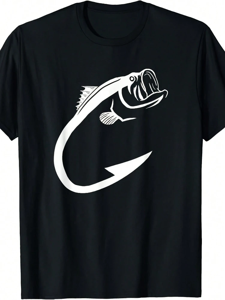 

Men's Casual 100%Cotton T-Shirt with Minimalist Fish Hook Art – Soft, Breathable Short Sleeve, with White Fish Design.