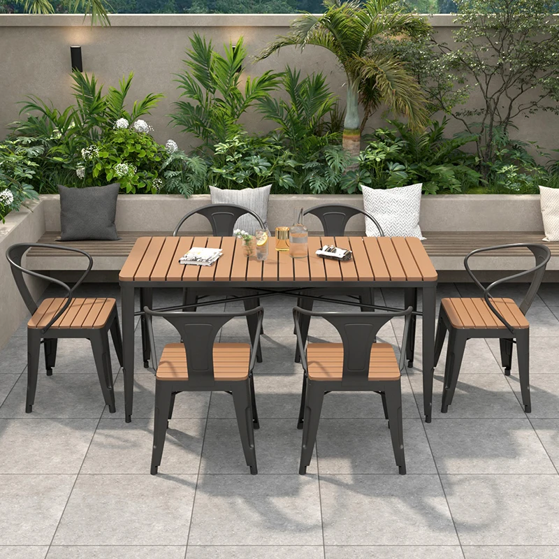 Outdoor courtyard garden open-air table and chair combination leisure waterproof and sunscreen plastic wood outdoor barbecue sho