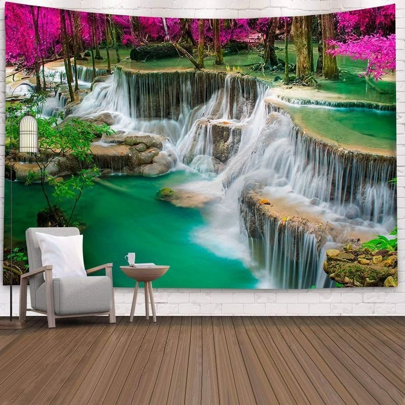 VIKAMA Large Wall Tapestry Green Forest Stream Nature Scenery Tapestry Room Decoration Items For Living Room Bedroom Dorm