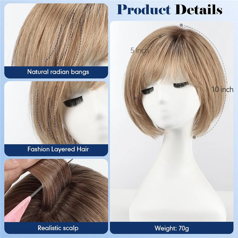 10 Inch 100% Natural Human Hair Topper 6.5x6.5 Inch Silk Base Hair Toppers for Women Ombre Brown Side Part Hairpieces Daily Use