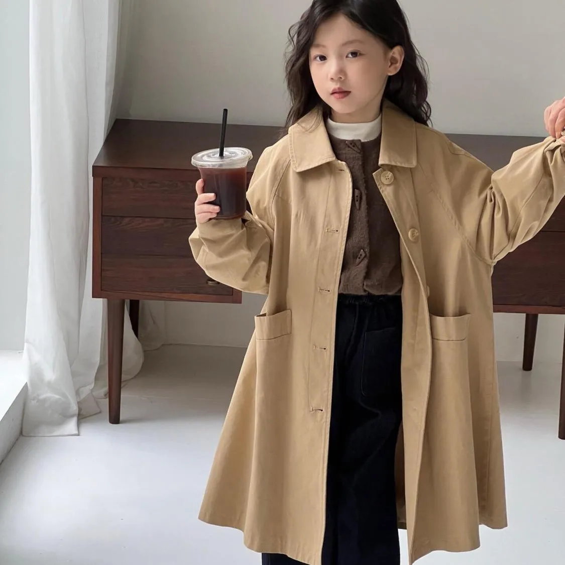 

Children's Trench Coat Spring and Autumn New Style British Style Long Casual Coat for Teenage Girls 100-160CM