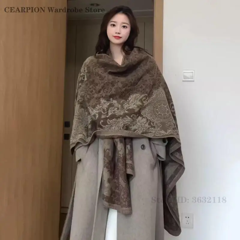 

Теплая шаль с винтажным принтом, осенне-зимний новый шарф, женское пончо большого размера, классический шарф из пашмины, шарфы, одеяло, пальто