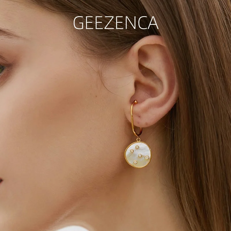 

GEEZENCA French Style 925 Sterling Silver White Shell&Zircon Dangle Earrings For Women No Piercing Hanging Earring Gift For Her