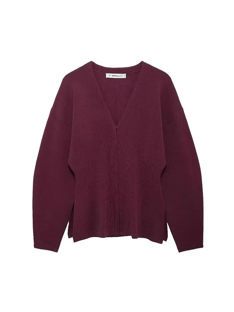 HH Women Elegant Knitted Coats Fashion Burgundy Red V-neck Slim Cardigan Autumn Office Lady Chic Solid Long Sleeve Outerwear
