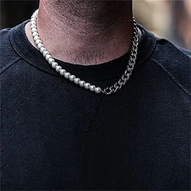 

Pearl Necklace for Men-Half Pearl Half Chain Necklaces Cuban Link Chains for Men Stainless Steel Jewelry