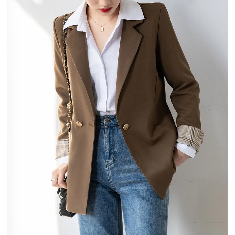 QOERLIN Stylish Brown Suit Jacket for Women Elegant Casual Blazer Long Sleeve Plaid Patchwork One Button Jacket Coat Office Lady