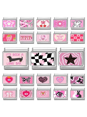 Beautiful Flower Y2K Black Star Dog Heart Pink Italian Charm Link Fit 9mm Stainless Steel Sweet Bracelet Jewelry Making DIY Gift