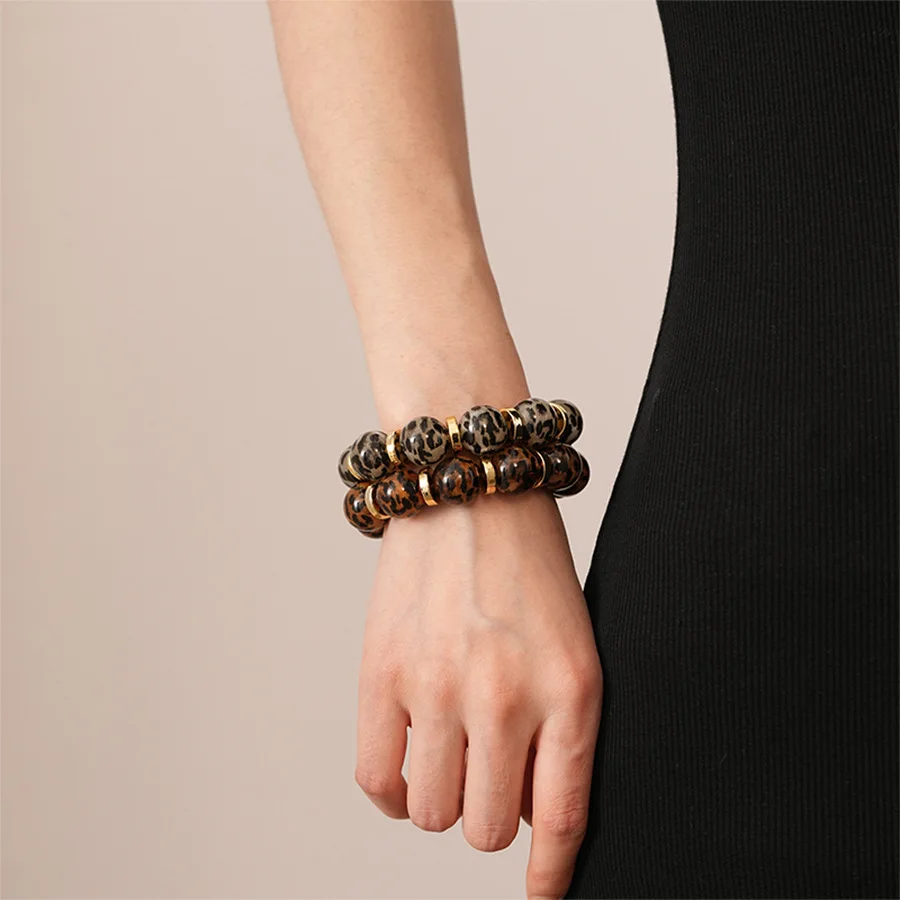 Vintage Leopard Print Acrylic Beaded Stretch Bracelet For Women Minimalist Niche Elegant High-Grade Geometric Female Jewelry