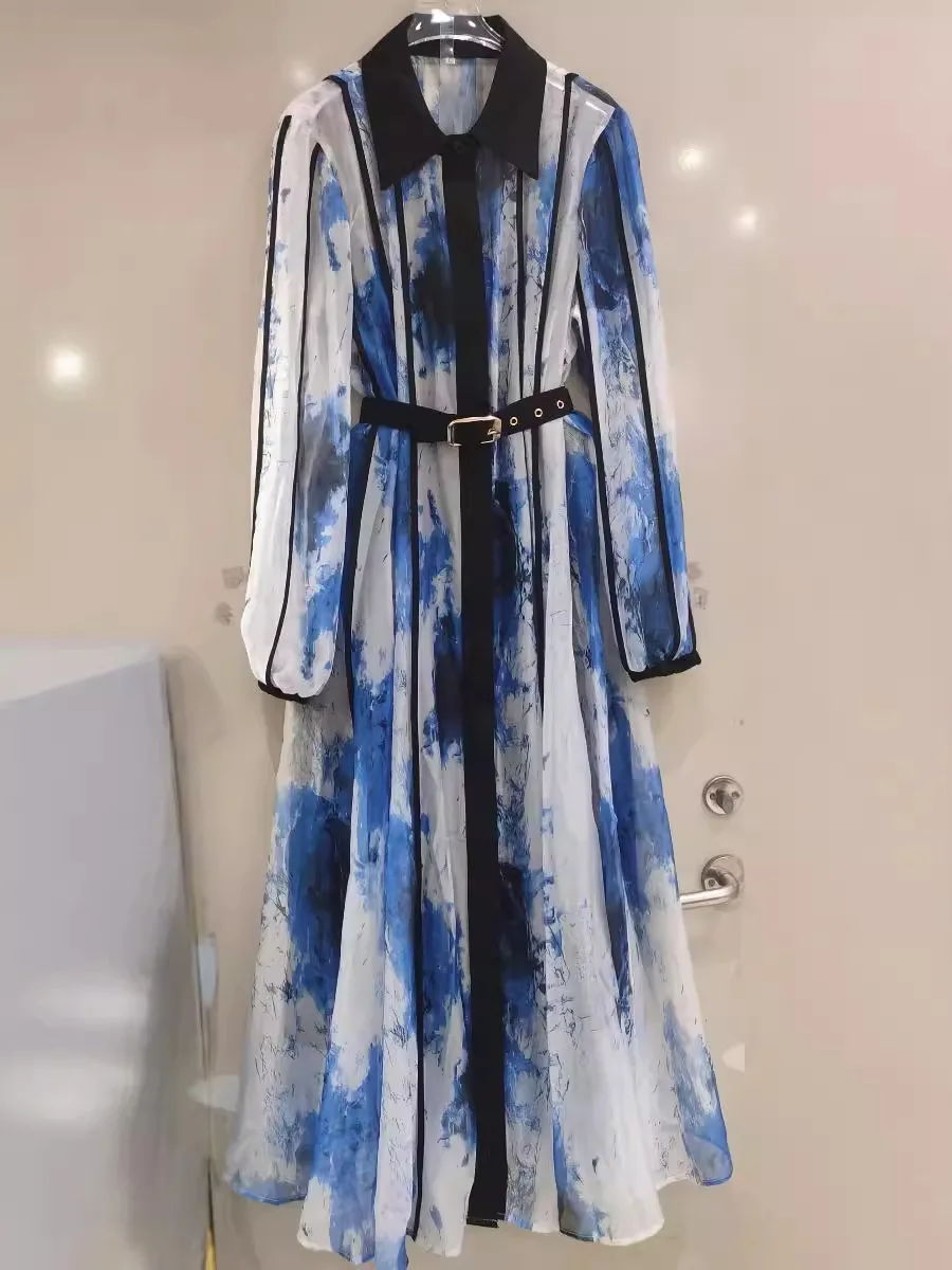 SEQINYY-Vestido elegante para mulheres, passarela, vintage, estampa de flores, casual, cinto de férias, rua principal, primavera, verão, novo design de moda