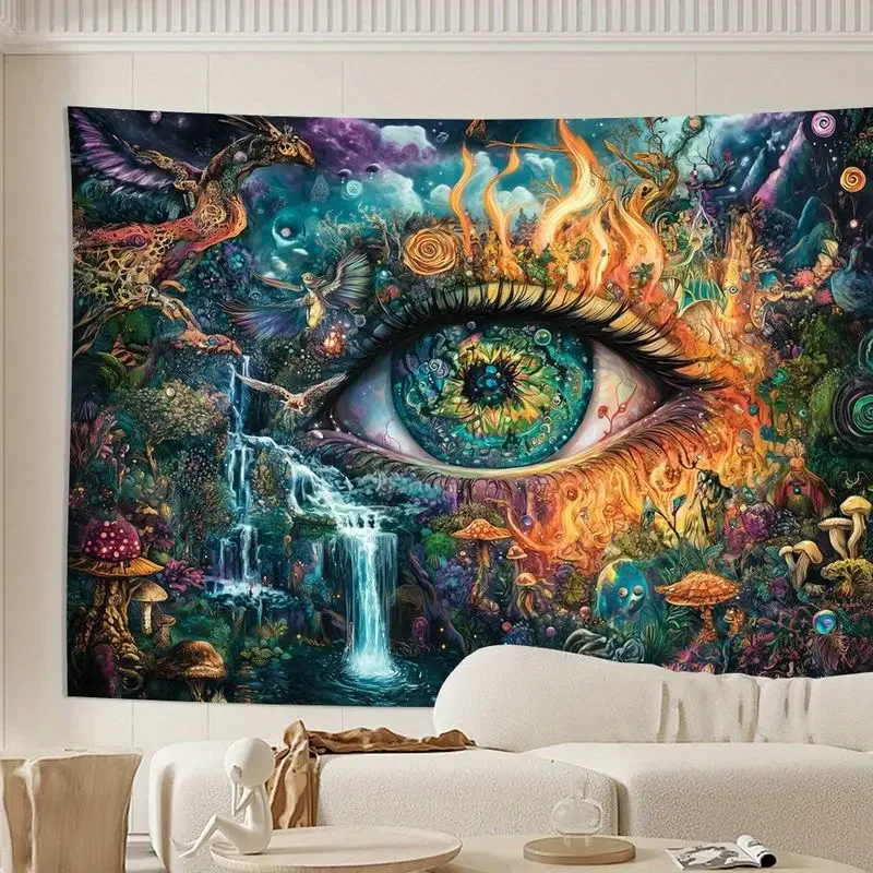 VIKAMA Psychedelic Giant Eye Waterfall Poisonous Mushroom Phoenix Tapestry, Fantasy Wall Hanging for Bedroom