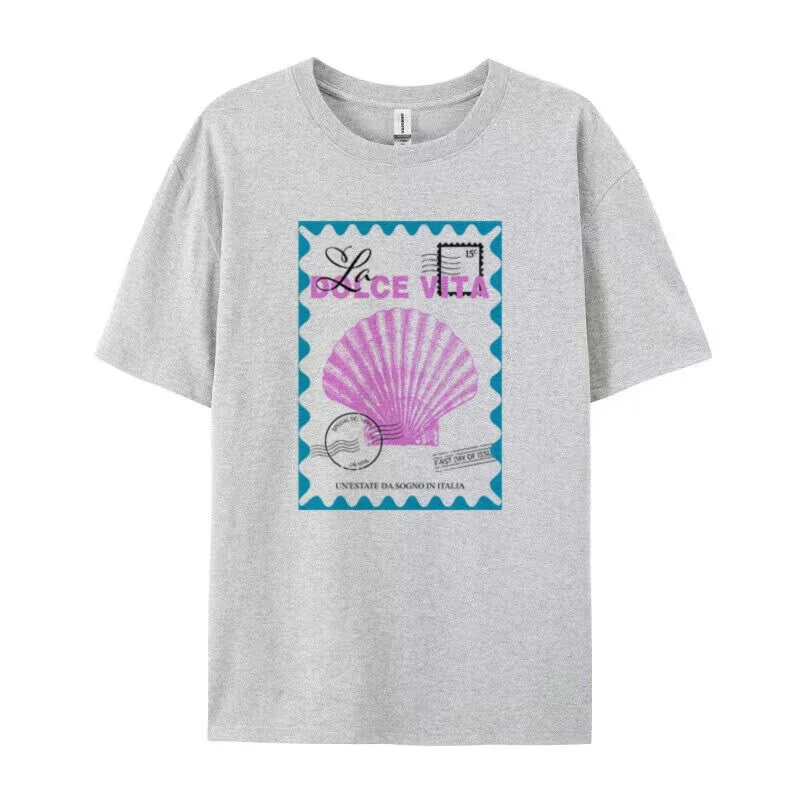 Plus Größe Frauen Italien Küsten T-shirts Vintage Shell Stempel T-Shirts Kurzarm Nette Ästhetische Baumwolle Grafik Top Weibliche Kleidung
