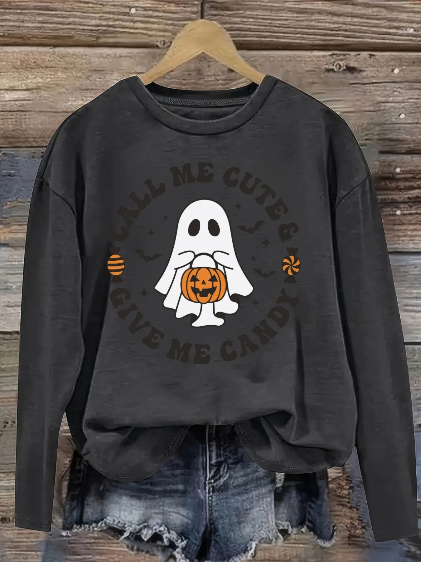 Women's Casual Long Sleeve Crew Neck T-Shirt Call Me Cute Give Candy Design, Round Neck Women's Clothing, Machine Washable, Slightly Elastic, Loose Fit, Spring Autumn Winter Women's T-Shirt, Halloween Costume Outfit