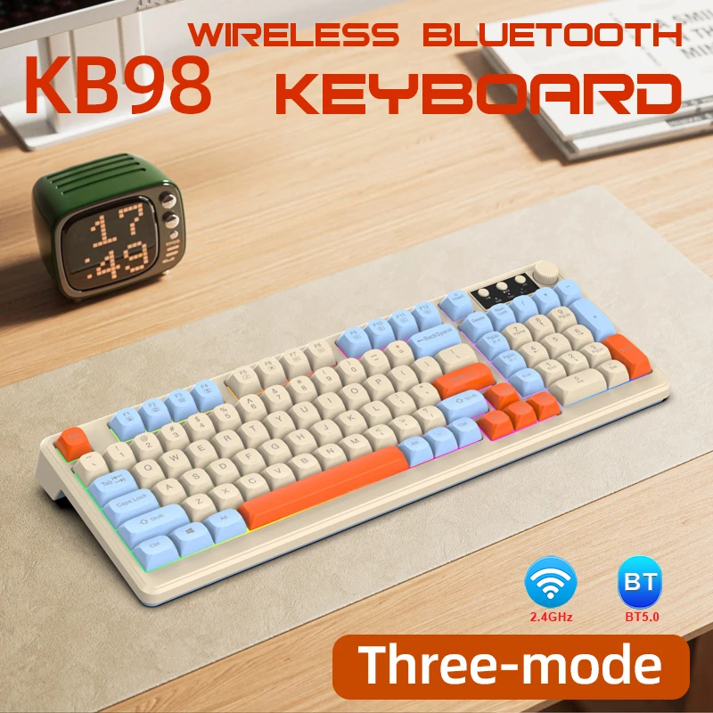 KB98 Keyboard mekanis nirkabel, struktur Gasket, RGB, keycaps ergonomis, peralihan tiga mode menghubungkan 98 tombol