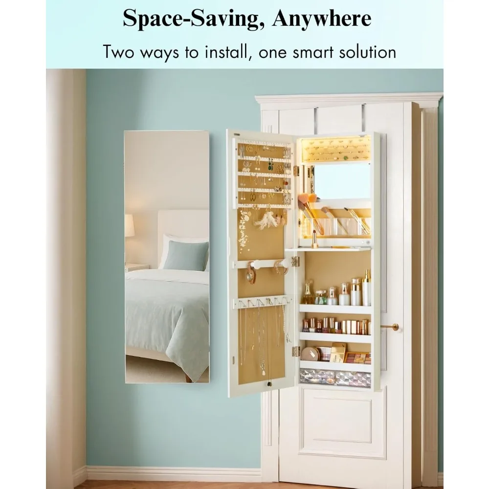 خزانة مجوهرات بمرآة مثبتة على الحائط مع أضواء، 42 بوصة طويلة فوق الباب، خزانة مجوهرات معلقة، 3 أوضاع ألوان مجوهرات