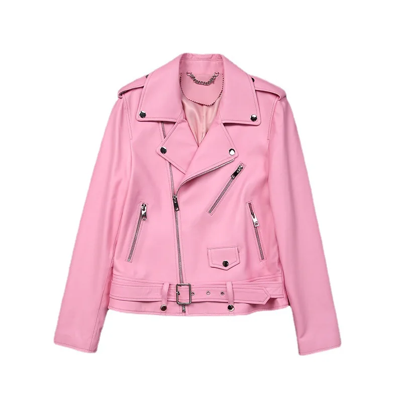 Chaqueta de cuero genuino para mujer, Chaqueta corta y bonita de piel de oveja rosa con cinturón y cremallera, para motocicleta, para otoño e invierno, novedad de 2023