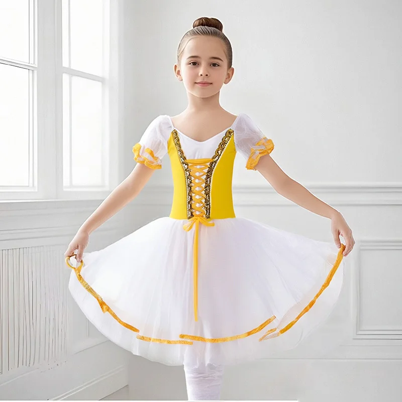 

Желтый бархатный балетный костюм с юбкой, длинное танцевальное платье для девочек, детский костюм на бретельках, новый