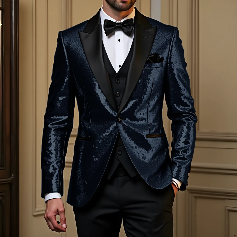 Men's 3-Piece Gold Sequin Suit – Groom's Wedding Tuxedo (Sparkly Jacket, Trousers, and Vest) – Formal Custom-Style Attire