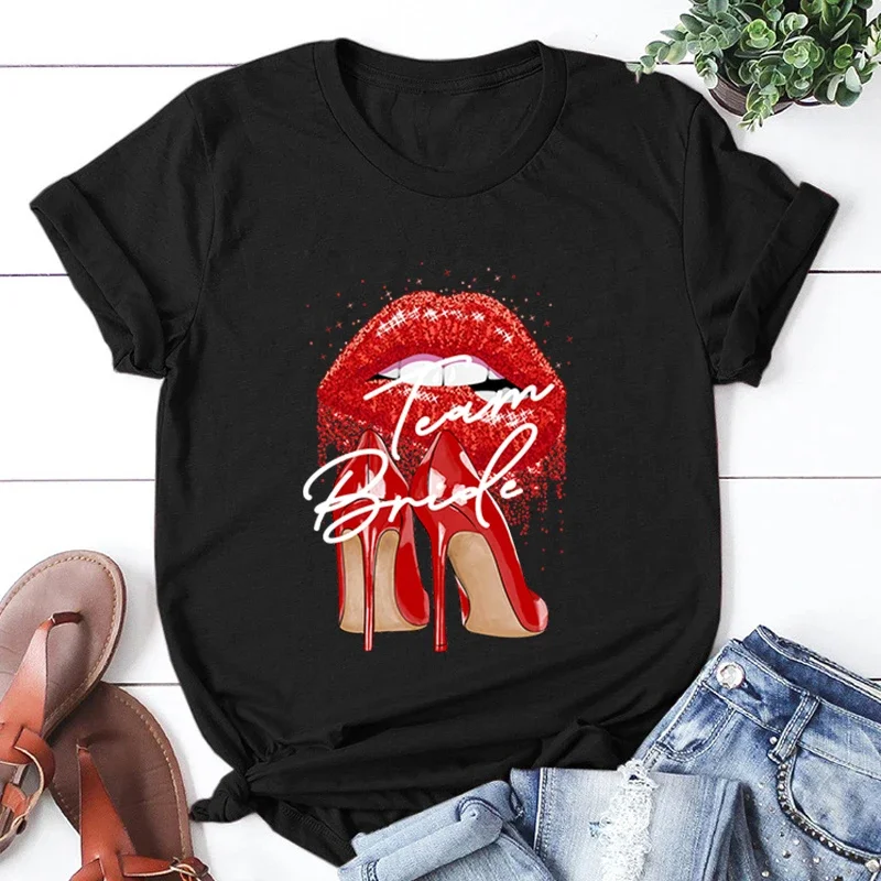 NEW Bride To Be Squad Evjf T Shirt Chic High Heels Red Lips Team Bride T Shirts Pink Bachelorette Hen Party Bridesmaid Tops Tee