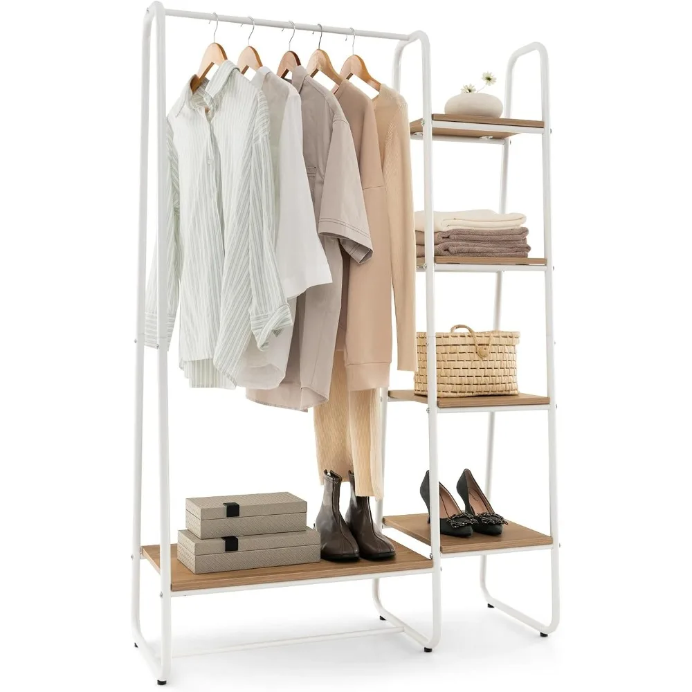 

Tangkula Garment Rack with Shelves, Clothes Rack with 5 Shelves & Hanging Bar, Open Wardrobe for Hanging Clothes and Storage, Fr
