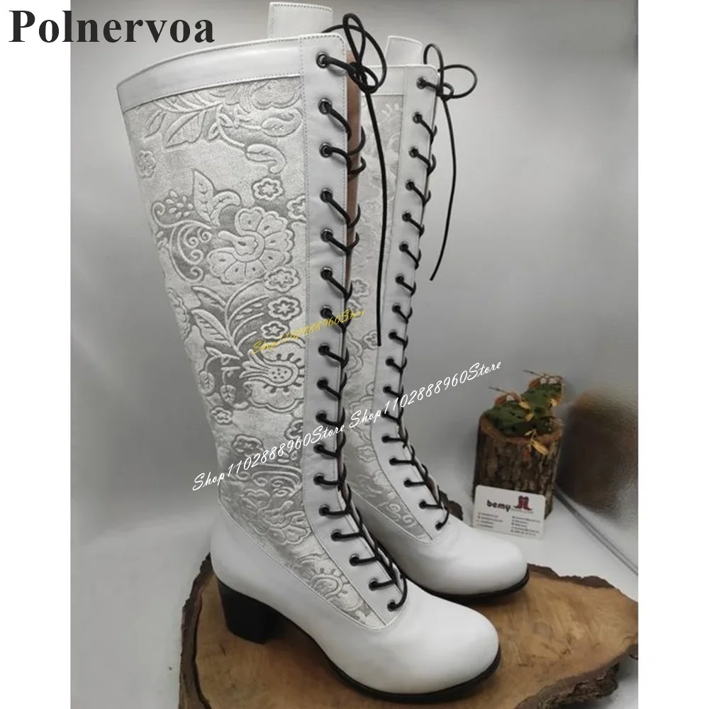 

Mid Calf White Embroider Decoration Boots Thick Heel Shoes For Women Cross Tied Round Toe 2024 Fashionable Zapatos Para Mujere