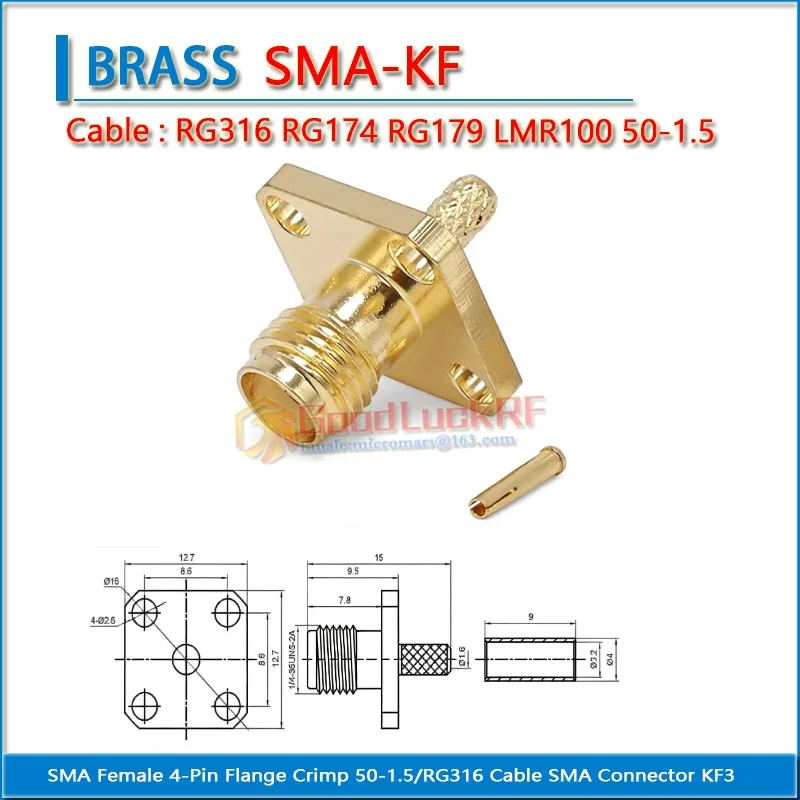 SMA Female 4 Hole Flange Crimp RF Connector Adapter Gold 50 Ohm RG316 RG174 RG179 LMR100 50-1.5 Cable for Electronics