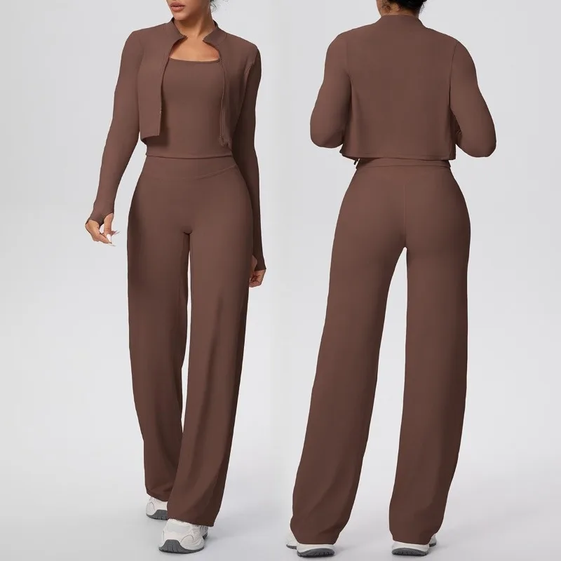 

Женский однотонный комплект для йоги с пескоструйной обработкой, облегающий I-образный жилет, широкий комплект из трех предметов, спортивный комплект для бега и фитнеса