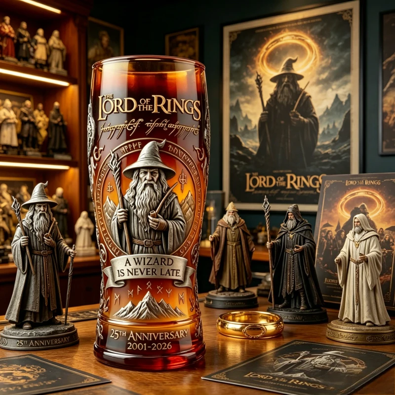 Copo de Cerveja Colecionável do Gandalf de O Senhor dos Anéis - 25º Aniversário - Frase 'Um Feiticeiro Nunca Está Atrasado' - Artigo de Vidro para Fãs