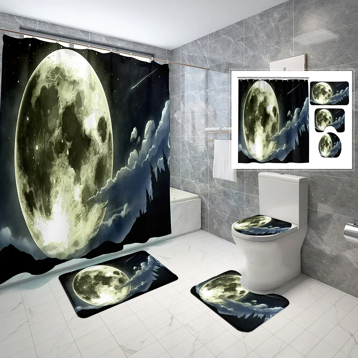 

4 Pcs Moon Theme Shower Curtain Sets with Toilet Lid Cover and Non-slip Bath Mat Fluffy Clouds Night Scenery Shower Curtain Set