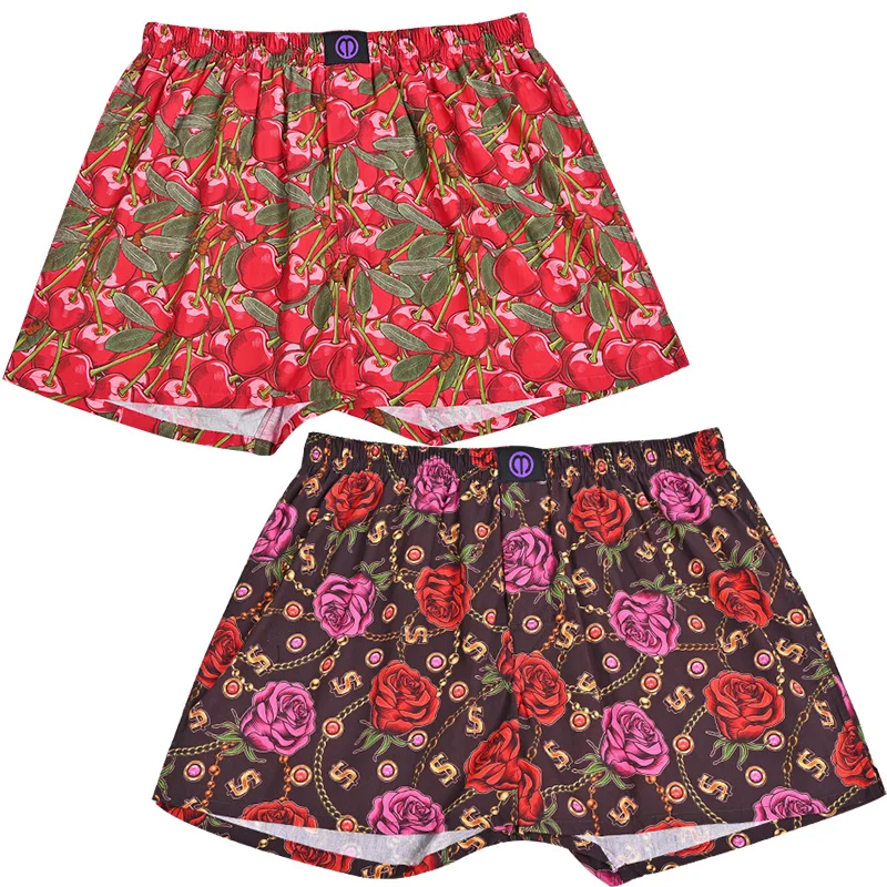 Roupa interior respirável para homens e mulheres, padrão floral rosa e cereja, calcinha de algodão puro, padrão confortável, noite e sono