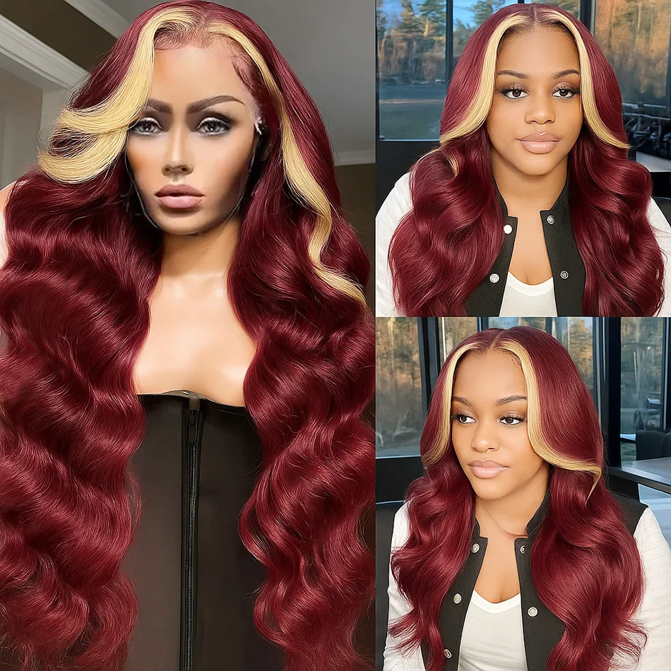 99J/613 ハイライトブロンドとバーガンディレッドの人毛ウィッグ、プレプラッキング済みブラジリアンボディウェーブ、13x4 HD透明レースフロントウィッグ