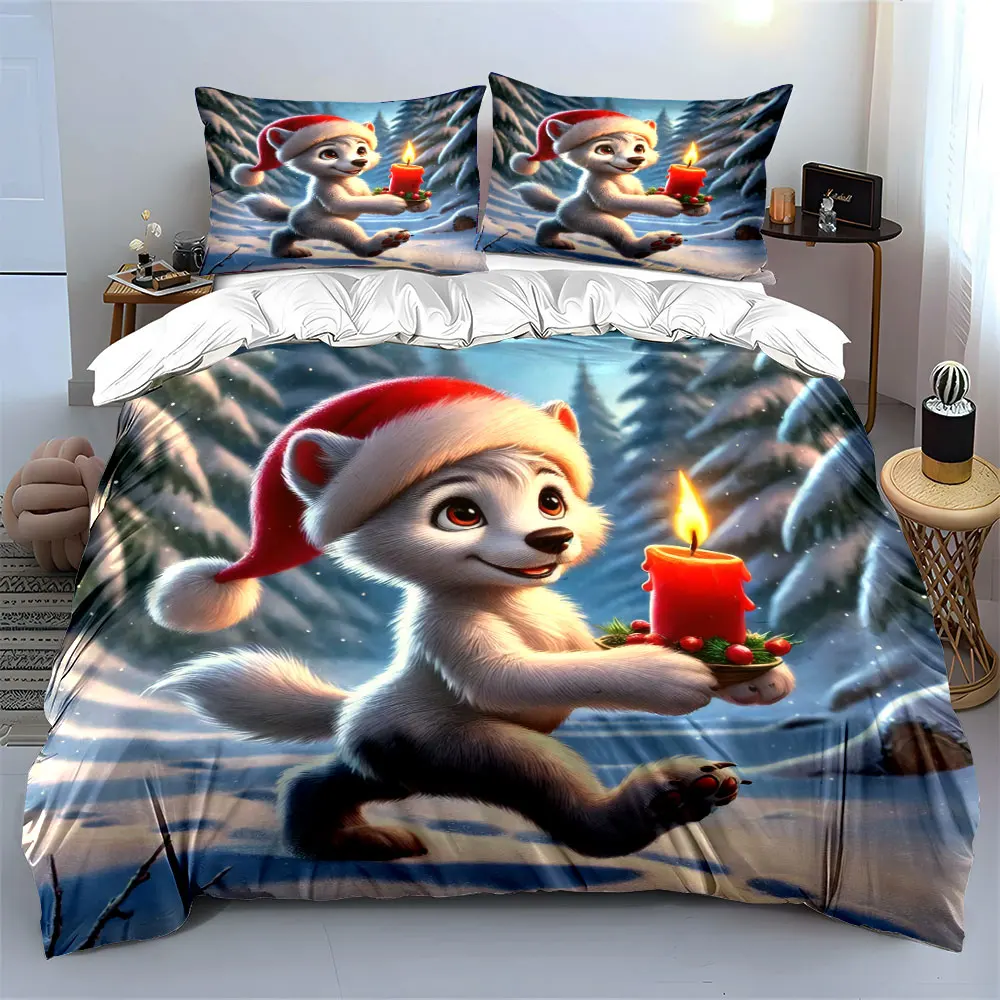 Cute little bear holding a candle walks forward with a smile Print Duvet Cover Bedding Set Included 1*Duvet Cover 2*Pillowcases