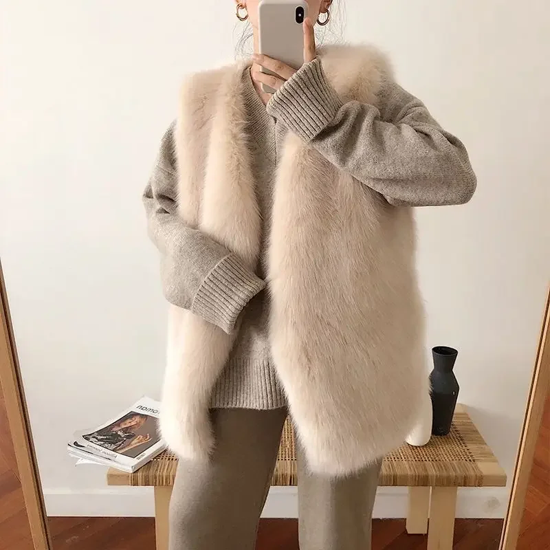 Female Faux Fur Vest Women Flocking Sleeveless Vest Outerwear Solid Color Waistcoat Autumn Winter Vintage Sleeveless Tops N42