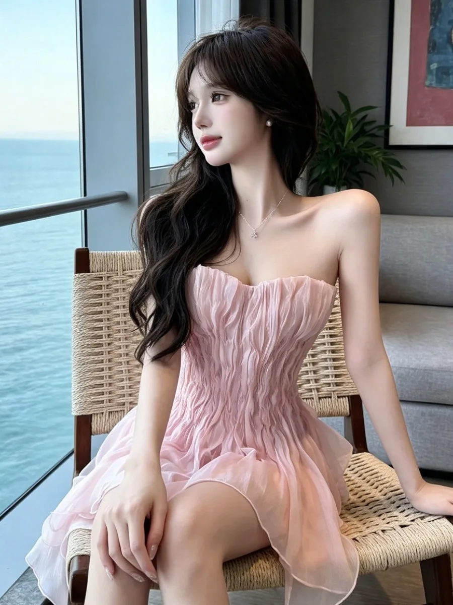 Sexy Sweet Spicy One-Shoulder Tube Top Vest Pure Desire Pleated Waist-Increasing Irregular Hem Lace-Up Top for Young Women