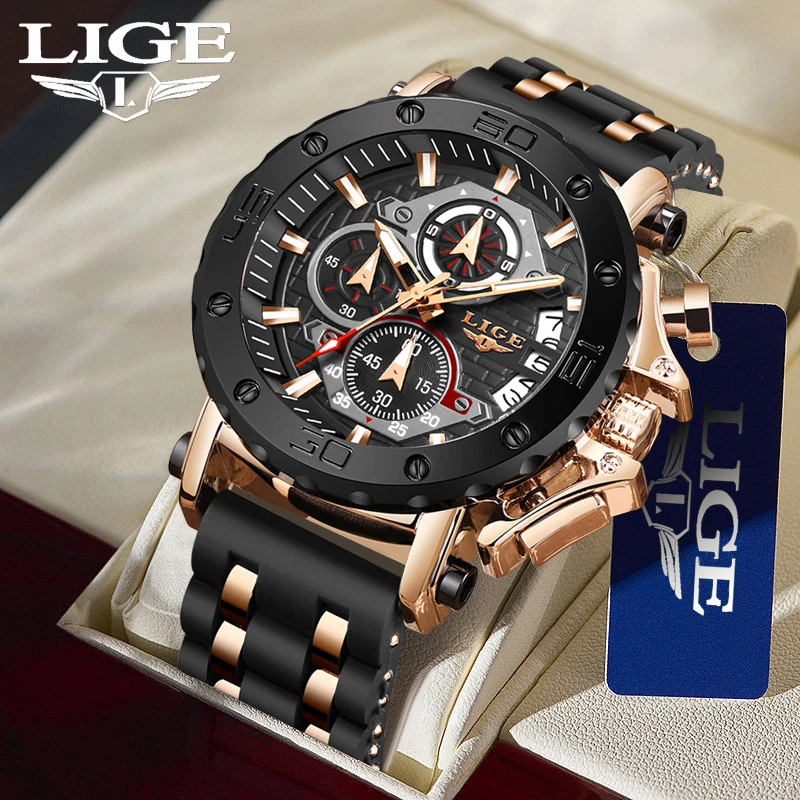 LIGE 2024 New Business Silicone Mens Watches Top Brand Luxury Quartz Watch For Men Waterproof Sport Big Dial Military Wristwatch