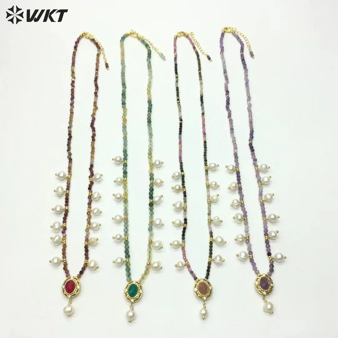 

WT-N1473 WKT Elegant Handmade Natural Faceted Tiny Gemstone Beads Craft Delicate 16 inch Long Stone Necklace