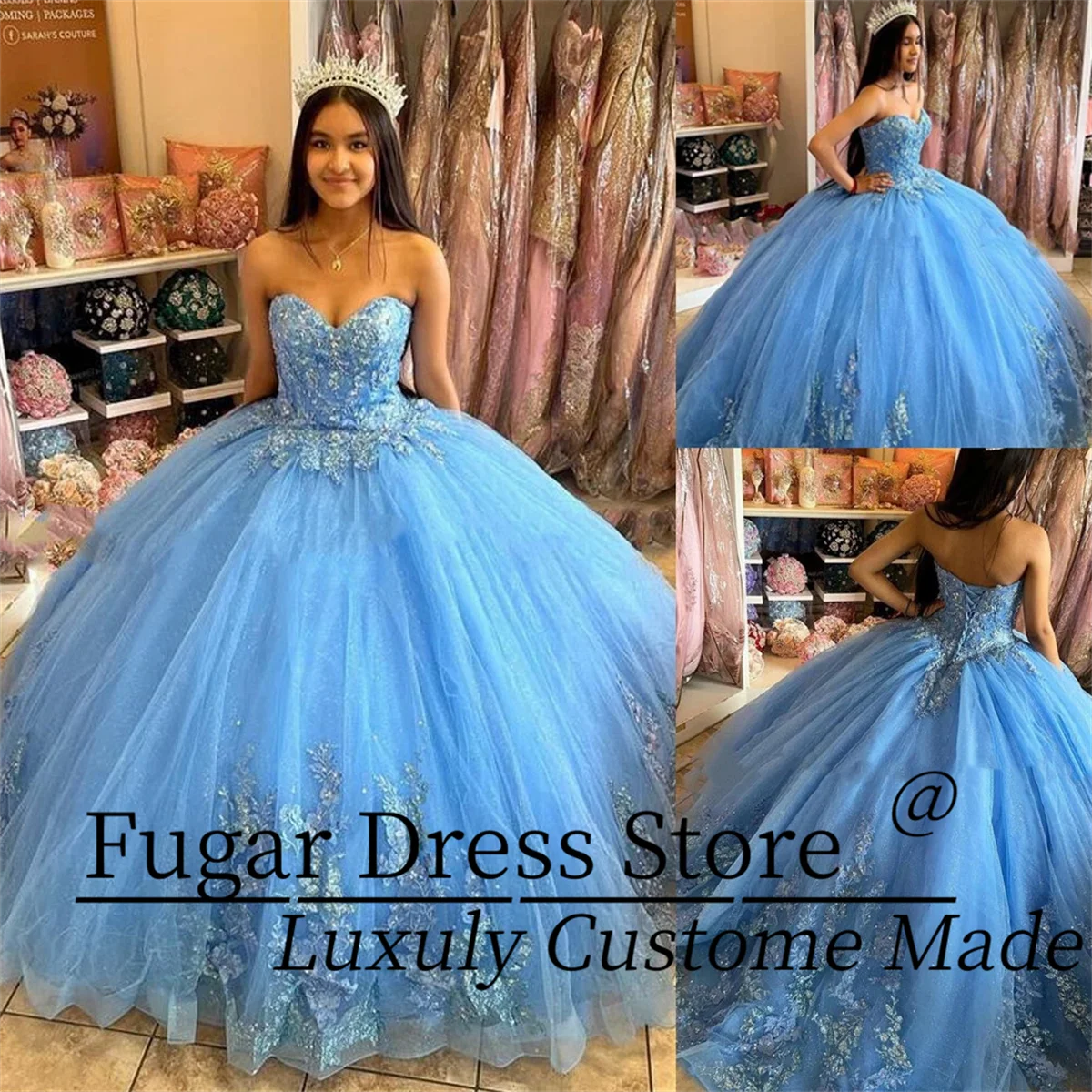 

Синие платья Quinceanera по индивидуальному заказу, блестящие бисерные 3D цветы, милое праздничное бальное платье 15 16, платья de 15 quinceañera