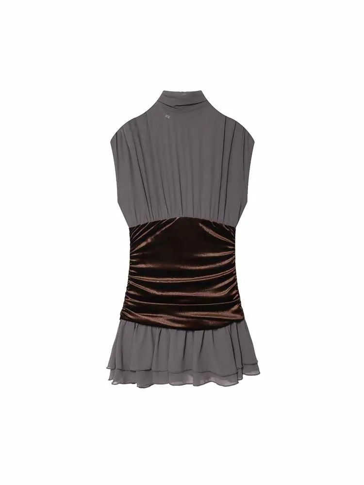 Estilo europeu e americano inverno nova tendência da moda feminina fino ajuste falso veludo retalhos em camadas decoração vestido curto