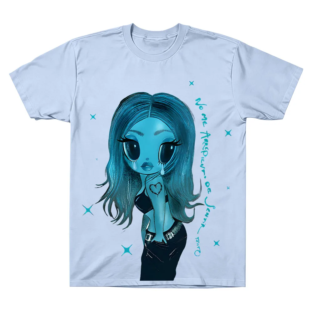 Y2K Blue Crying Cartoon Girl Graphic T‑Shirt 3D Print Men Women Crew Neck Short Sleeve Casual Streetwear Tee