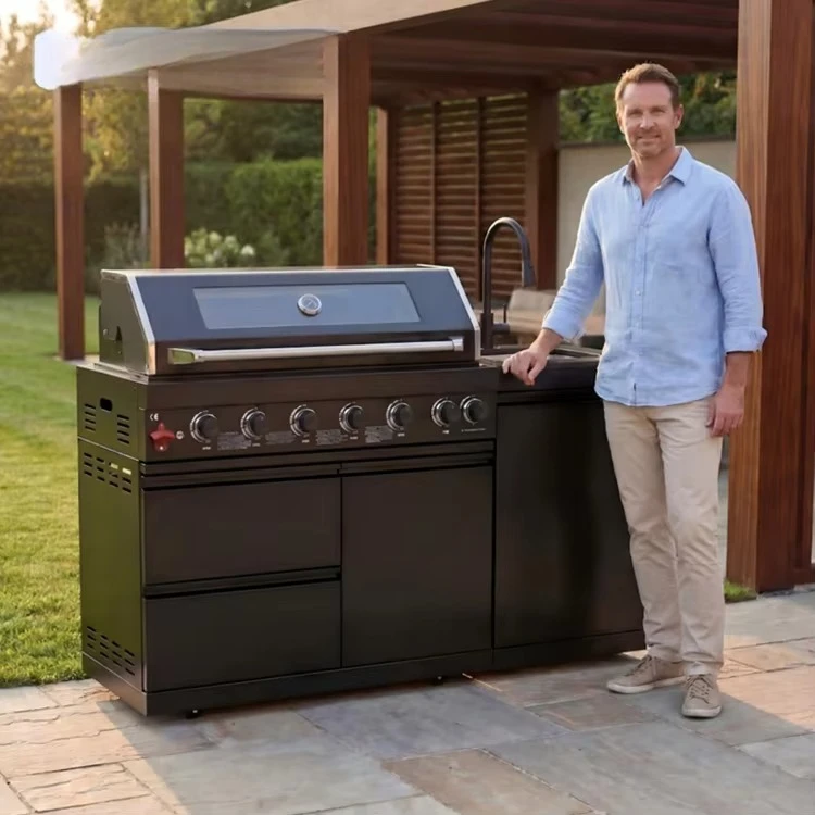 Premium Modern 6-Burner Stainless Steel Gas Outdoor Kitchen BBQ Island Grill with Sink and Faucet Custom Design