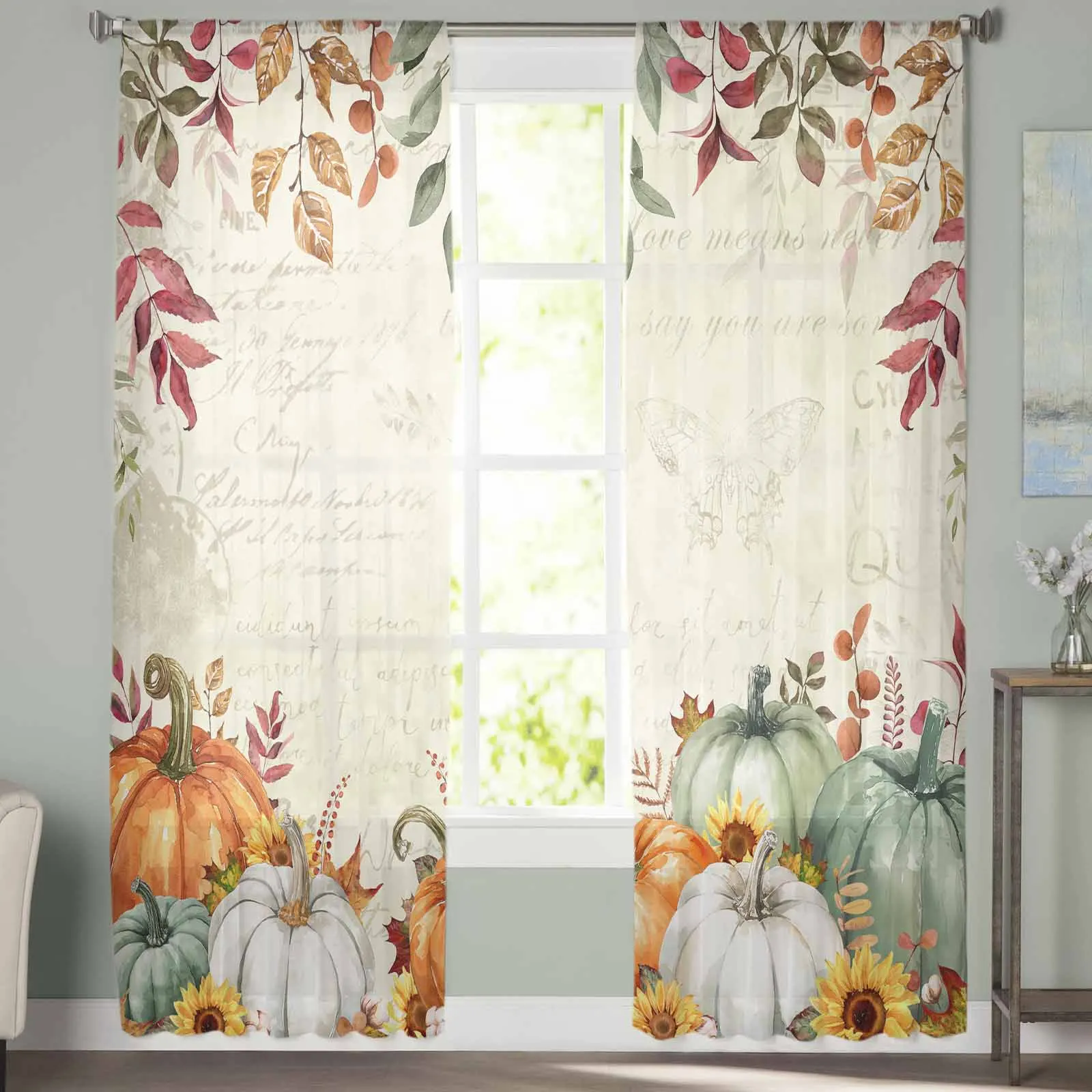 Thanksgiving Autumn Leaves Sunflower Pumpkin Tulle Curtains For Bedroom Home Decor Living Room Kitchen Voile Curtains For Blind