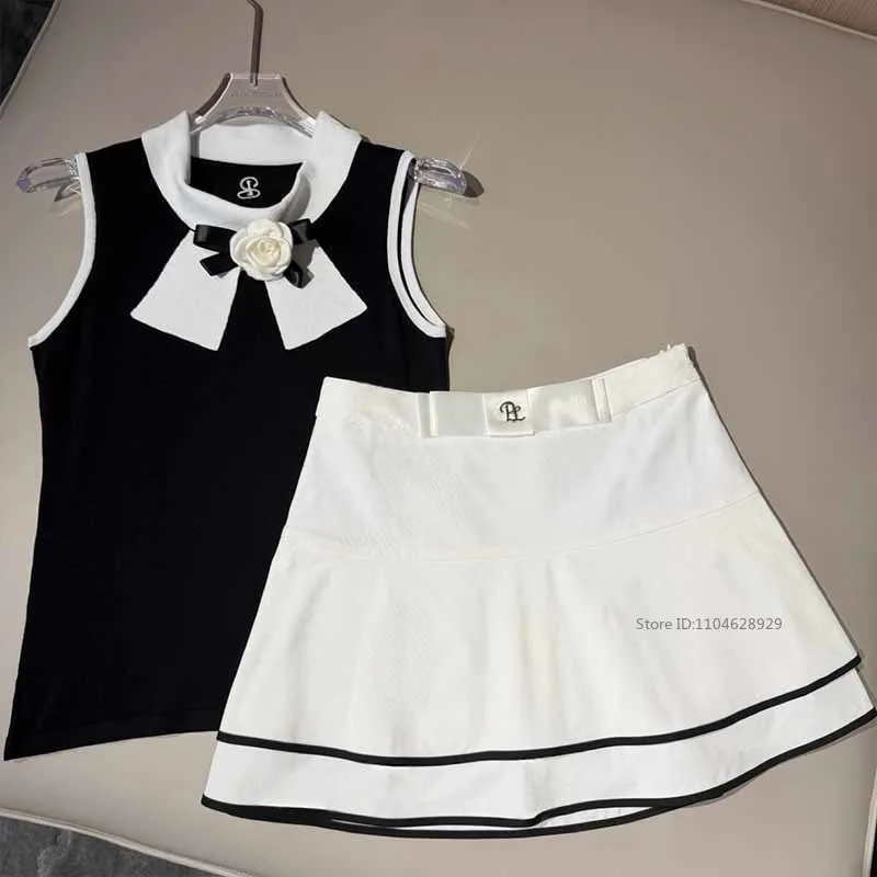 PL Summer Golf Women Tank Tops Knitted Sleeveless Shirts Flower Neck Tennis T-shirts Ladies Pleated Ruffle Golf Skirt with Short
