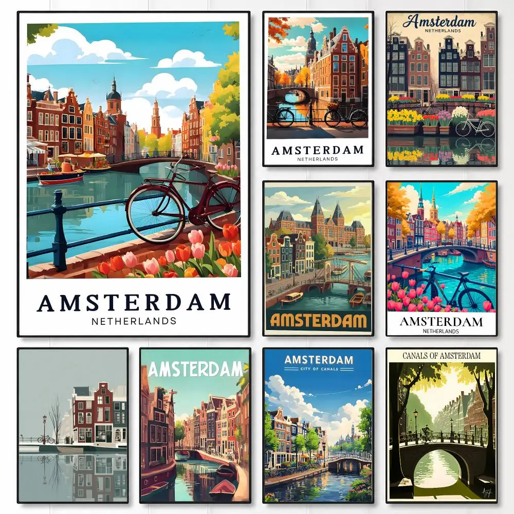 art Amsterdam Canal Poster Wall Posters Art Print HD Print Self-Adhesive Waterproof Wall Stickers Room Decoration