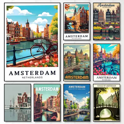 art Amsterdam Canal Poster Wall Posters Art Print HD Print Self-Adhesive Waterproof Wall Stickers Room Decoration