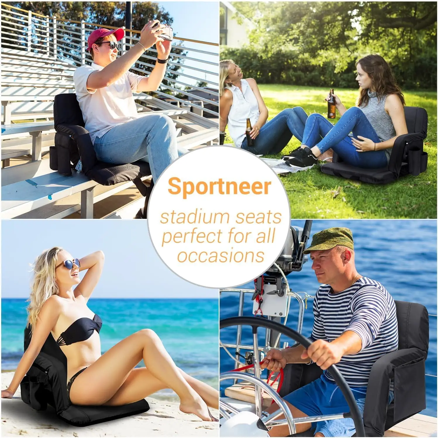 Sportneer Stadium Seats for Bleachers Chairs With Back Support Cushion and 6 Reclining Positions Sport Events Camping Beaches