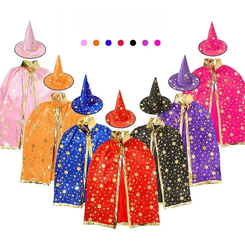 

Плащ на Хэллоуин для мальчиков и девочек, плащ ведьмы, мяч для макияжа, плащ с пятью звездами, комплект шляпы, крутой милый костюм для косплея, Хэллоуин, представление